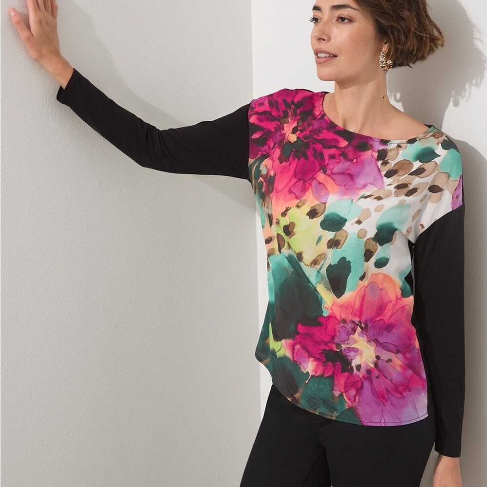 Chicos touch of cool floral watercolor longsleeve blouse XL